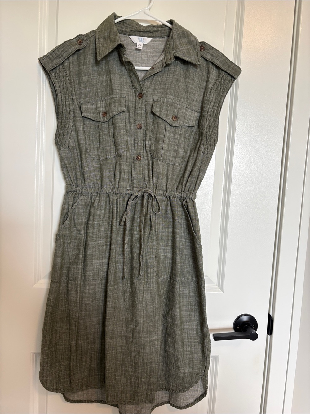 Time and Tru Olive Drawstring Shirt Midi Dress